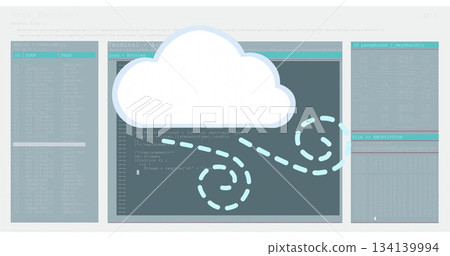 Displaying white cloud icon linking code panels in abstract workspace, with swirling dashed arrows 134139994