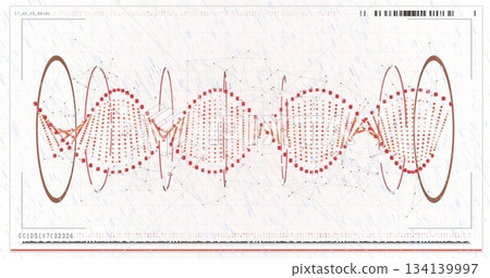 Displaying red nodes linking via thin lines across white grid, with brown rings and numeric codes 134139997