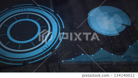 Displaying concentric HUD element on grid interface, with pie chart, line graph, glowing data dots Displaying concentric HUD element on grid interface, with pie chart, line graph, glowing data dots 134140012