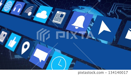 Floating blue panels displaying white interface icons in virtual 3D space, digital interface theme Floating blue panels displaying white interface icons in virtual 3D space, digital interface theme 134140017