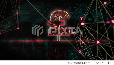 Displaying neon red circuitboard pound sterling symbol on floor, with golden lines nodes and icons Displaying neon red circuitboard pound sterling symbol on floor, with golden lines nodes and icons 134140018