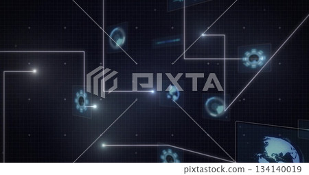 Displaying digital interface on grid with gridlines, glowing node connections and tech icons Displaying digital interface on grid with gridlines, glowing node connections and tech icons 134140019