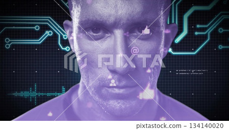 Displaying adult male face and upper torso within digital grid, with purple circuits, social icons 134140020
