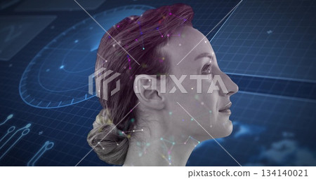 Displaying mid-adult woman head in right-profile on virtual interface background, with data dials 134140021
