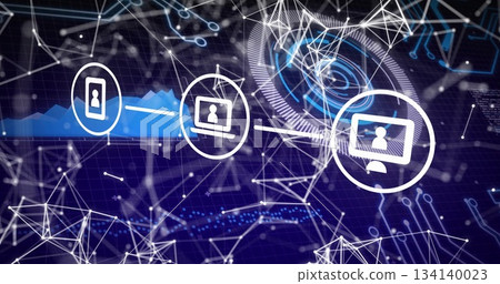 Displaying linked smartphone, laptop and desktop icons in virtual cyberspace, with data streams Displaying linked smartphone, laptop and desktop icons in virtual cyberspace, with data streams 134140023