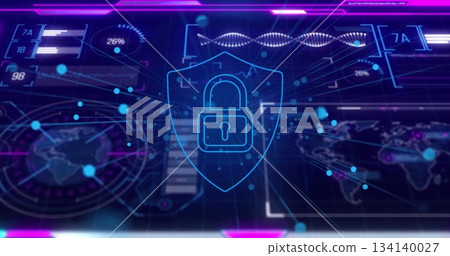 Showing glowing shield with padlock icon on security dashboard with maps globe nodes bars and helix Showing glowing shield with padlock icon on security dashboard with maps globe nodes bars and helix 134140027