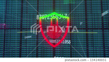 Displaying security shield glowing over code grid on screen, with fingerprint motif and binary bits 134140031