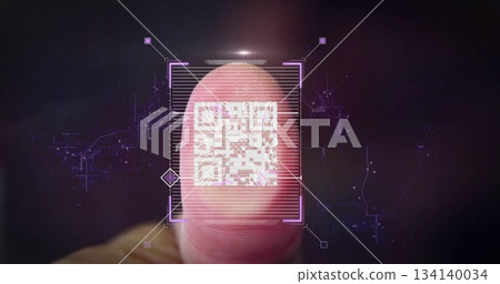 Scanning human thumb in futuristic interface, displaying QR code overlay and holographic grid lines Scanning human thumb in futuristic interface, displaying QR code overlay and holographic grid lines 134140034