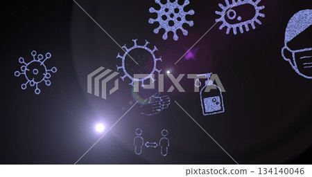 Featuring coronavirus icon glowing on digital backdrop, with hygiene, mask and distancing symbols 134140046