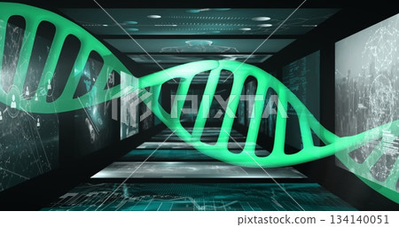 Floating glowing green DNA double helix traversing data tunnel, with wall-mounted digital screens 134140051