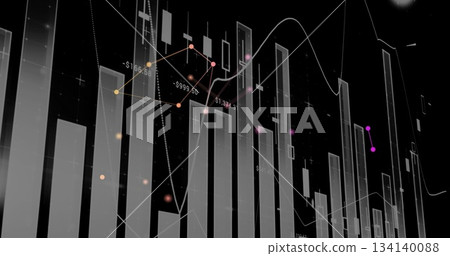 Financial chart showing 3D bars, candlestick markers, trend line and colored points on dark grid 134140088