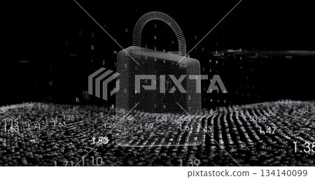 Floating wireframe padlock hovering over digital dot grid, with numerical code fragments drifting 134140099