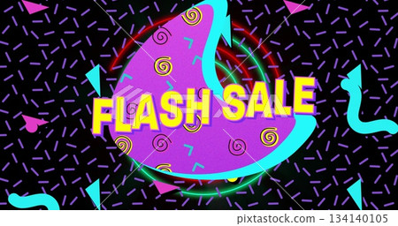 Displaying central purple shape outlined in cyan on retro graphic, featuring bold yellow FLASH SALE Displaying central purple shape outlined in cyan on retro graphic, featuring bold yellow FLASH SALE 134140105