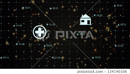 Displaying white circular medical cross icon floating in teal data grid, with timecodes and arrows 134140106