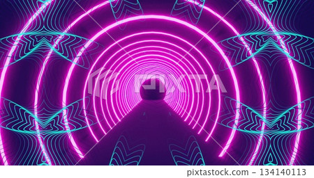 Receding magenta neon rings guiding sight within tunnel, central sphere with cyan star patterns 134140113