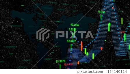 Showing blue dotted waveform on trading dashboard, with map outline, green red bars, numeric labels 134140114