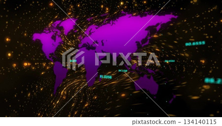 Showing purple continents swirling in digital void, with data points, golden streams and metrics 134140115