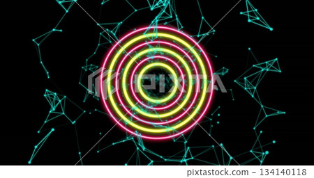 Floating neon concentric rings rotating in virtual network, with swirling particle core, aqua lines Floating neon concentric rings rotating in virtual network, with swirling particle core, aqua lines 134140118