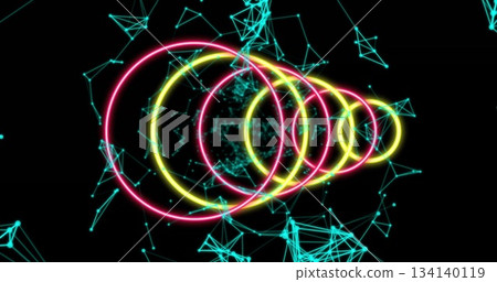 Floating neon rings receding through data network space, with turquoise nodes and connecting lines 134140119