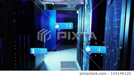 Glowing server rack corridor lighting data center, with LED lights and social media overlays 134140120