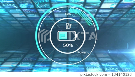 Showing central circular gauge floating in virtual 3D grid, with battery icon, Eco Power 50% labels 134140123