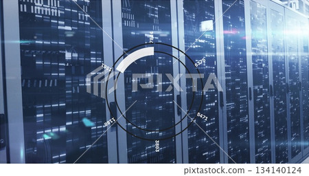 Scanning server racks showing lights and cables in data center, with circular holographic overlay Scanning server racks showing lights and cables in data center, with circular holographic overlay 134140124