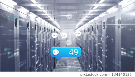 Floating notification bubble showing 49 in data center corridor, with server racks and chat icons Floating notification bubble showing 49 in data center corridor, with server racks and chat icons 134140125