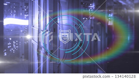 Hologram showing shield enclosing envelope above racks and cables in server room with blinking LEDs Hologram showing shield enclosing envelope above racks and cables in server room with blinking LEDs 134140128