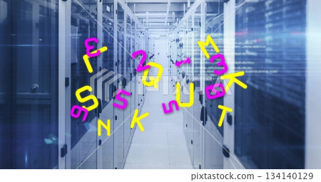 Server cabinets flashing LEDs and floating code symbols in central data center corridor Server cabinets flashing LEDs and floating code symbols in central data center corridor 134140129