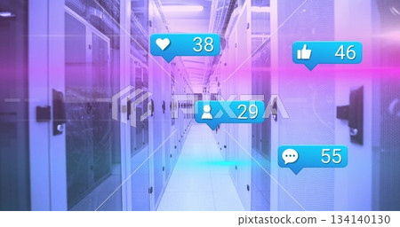 Floating notification icons drifting inside cooling data center aisle, with server cabinets Floating notification icons drifting inside cooling data center aisle, with server cabinets 134140130
