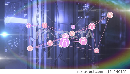Highlighting network graph glowing in data center, with server racks, pink nodes and lens flare Highlighting network graph glowing in data center, with server racks, pink nodes and lens flare 134140131