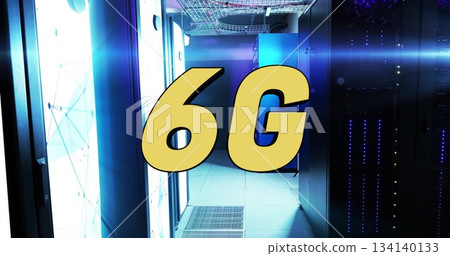 Displaying yellow 6G text occupying center of data center hallway, with server racks and lit panels Displaying yellow 6G text occupying center of data center hallway, with server racks and lit panels 134140133
