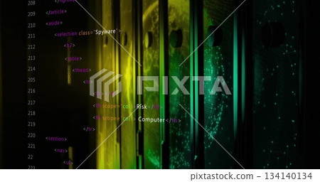 Server racks displaying globe network projection in data center, with LED lights and code overlay Server racks displaying globe network projection in data center, with LED lights and code overlay 134140134