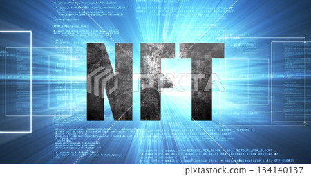Glowing metallic-textured NFT acronym radiating in virtual cyberspace interface, with code snippets 134140137
