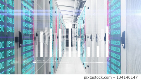 Illuminating data center aisle displaying server racks with circuit boards and overlaying bar graph Illuminating data center aisle displaying server racks with circuit boards and overlaying bar graph 134140147