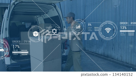 Lifting stacked boxes courier in tan uniform loading at warehouse, with white van rear doors open Lifting stacked boxes courier in tan uniform loading at warehouse, with white van rear doors open 134140152