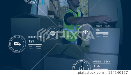 Handling warehouse worker placing cardboard box on stack in warehouse, with digital overlay icons Handling warehouse worker placing cardboard box on stack in warehouse, with digital overlay icons 134140157