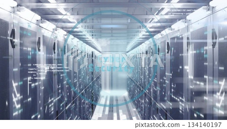 Showing symmetrical aisle at data center lined with server racks, LEDs, with Cyber Security overlay 134140197