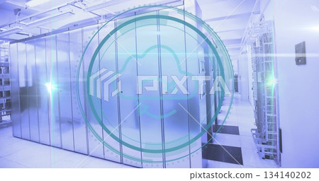 Glowing server cabinets reflecting LED glow in data center corridor, with cloud sync overlay Glowing server cabinets reflecting LED glow in data center corridor, with cloud sync overlay 134140202