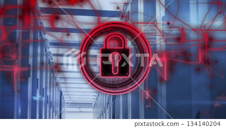 Projecting neon lock icon overlay emitting signals in server rack corridor, with red circuits 134140204