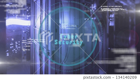 Showing lit data center aisle with server racks and Ethernet cables, HUD circle and floating code Showing lit data center aisle with server racks and Ethernet cables, HUD circle and floating code 134140209