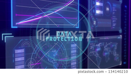 Displaying glowing DATA PROTECTION overlay in cybersecurity control room, with holographic panels Displaying glowing DATA PROTECTION overlay in cybersecurity control room, with holographic panels 134140210