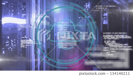 Glowing teal cloud computing graphic overlaying server racks and network cables, floating code 134140211
