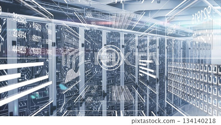 Displaying server racks projecting holographic overlays and LEDs in data center aisle, with cables 134140218