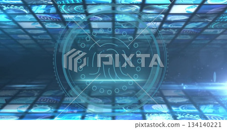 Hovering central fingerprint icon in data hub with holographic rings, light beam, binary grid 134140221