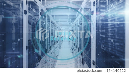 Showing server racks lining narrow data center corridor, with glowing Cyber Security interface Showing server racks lining narrow data center corridor, with glowing Cyber Security interface 134140222