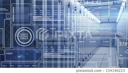 Stretching white server cabinets lining secure data center corridor, with numeric display overlays 134140223