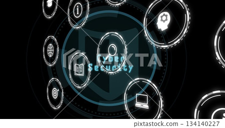 Displaying central shield icon with Cyber Security text on dark background, with circular icons Displaying central shield icon with Cyber Security text on dark background, with circular icons 134140227