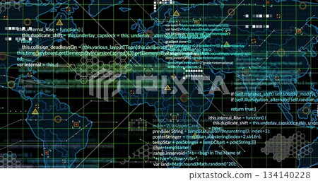 Displaying neon-blue world map outline scanning on dashboard, with code snippets warning icons Displaying neon-blue world map outline scanning on dashboard, with code snippets warning icons 134140228