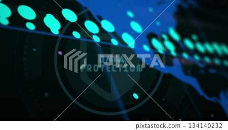 Floating shield icon and DATA PROTECTION text drifting over network interface with teal nodes Floating shield icon and DATA PROTECTION text drifting over network interface with teal nodes 134140232